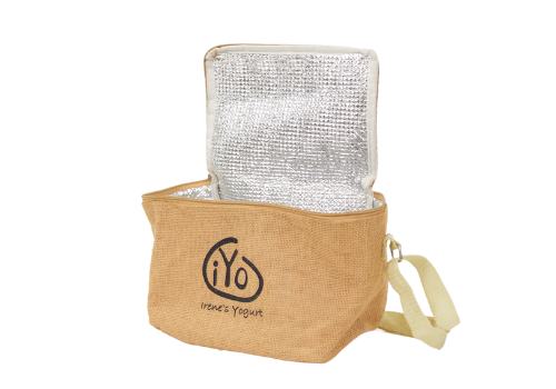 irene yogurt logo cooling jute bag PP webbing handle | Sacs en jute refroidissant Irene Yogurt logo avec sangle PP