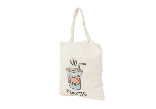 cute illustration no plastic message cotton canvas bag with double handle | sac coton canevas a anse double avec illustration mignonne et message no plastic